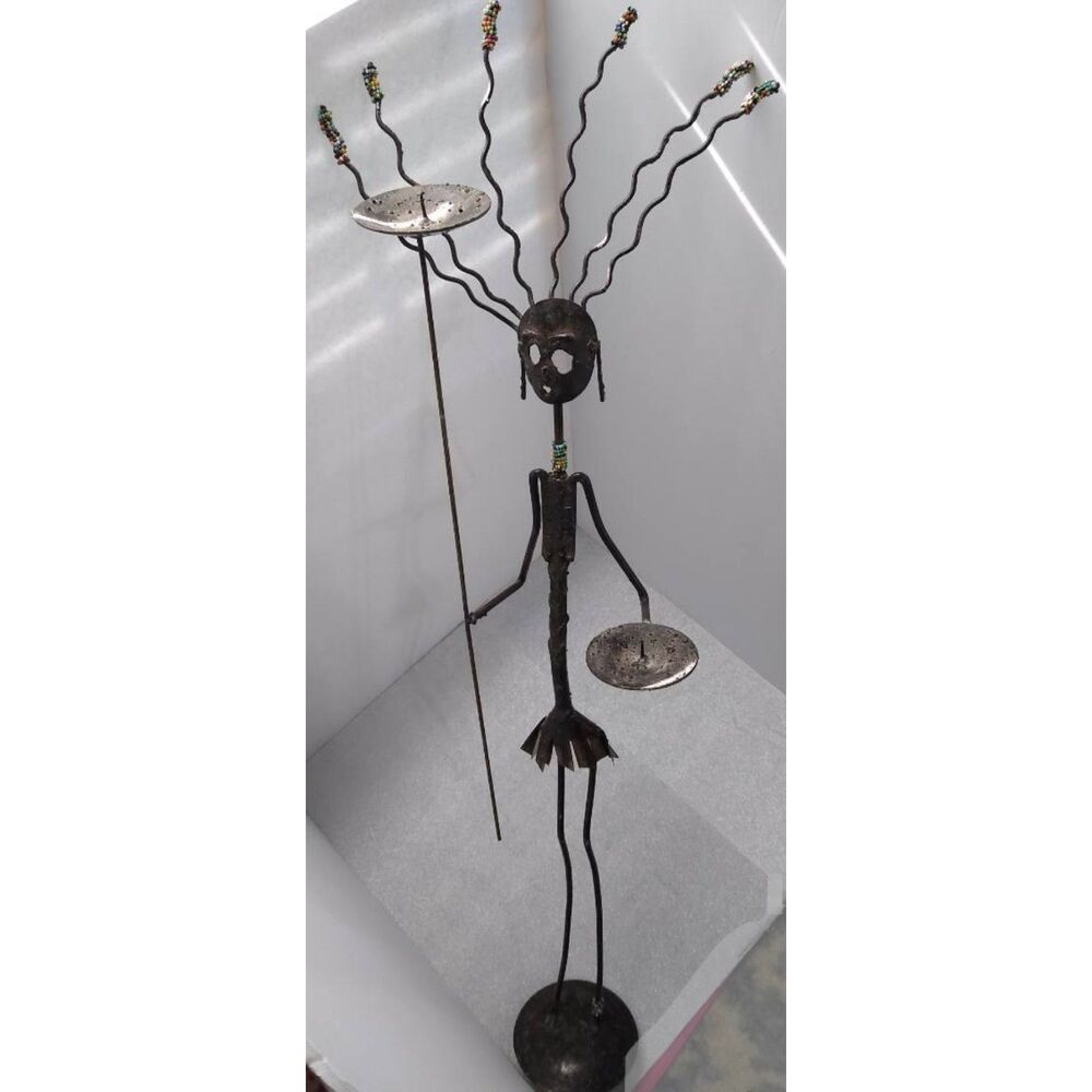 African Tribal Metal Art Candle Holders Colorful Beads Warrior Women/Man 35 Tall